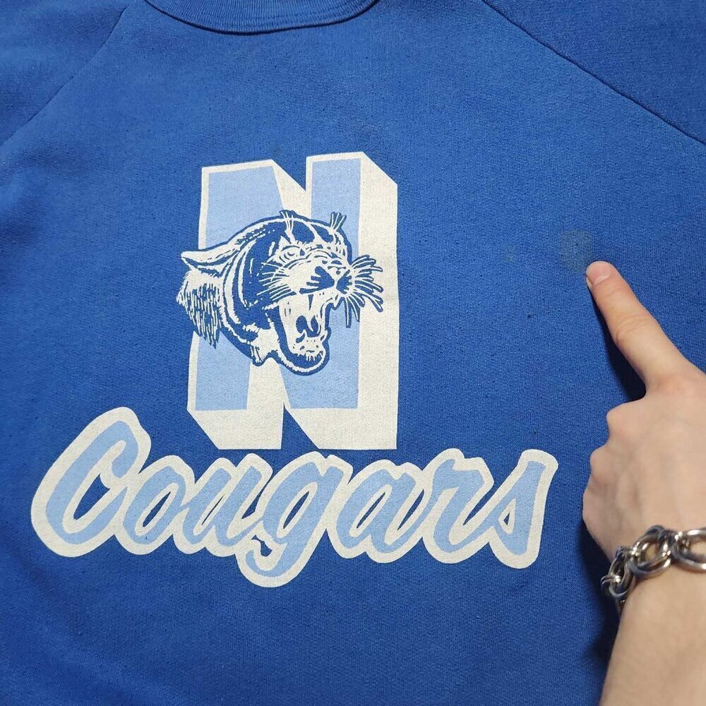 Vintage 60s Blue and White Cougars high school sports team crewneck sweater - Picture 6 of 12